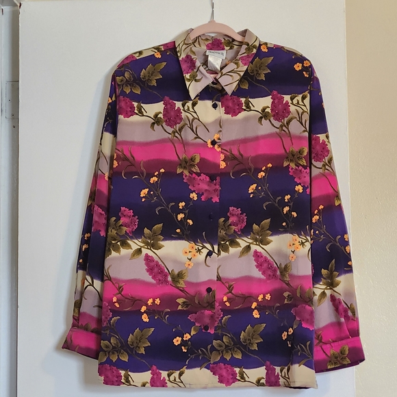 BonWorth Tops - BonWorth Floral Beaded Button-Down Shirt in Purple, Hot Pink, Cream, XL